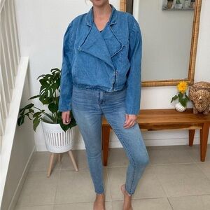 Boxy denim cropped jacket w double lapel